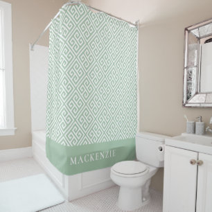 Sage Green and White Greek Key Name Monogram Shower Curtain