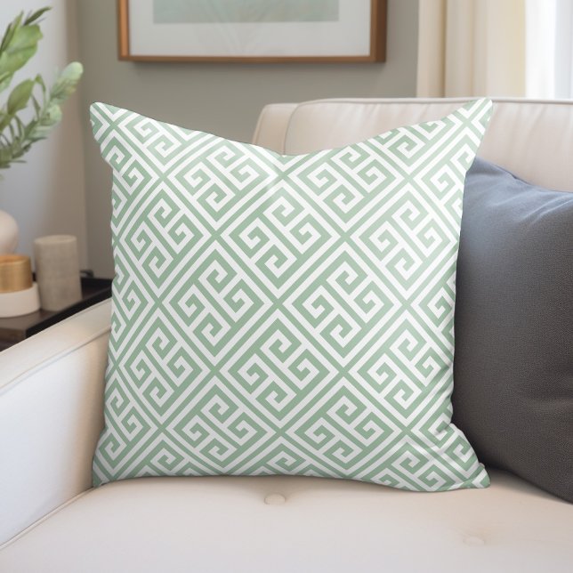 Sage Green and White Greek Key Pattern Throw Pillow (Creator Uploaded)