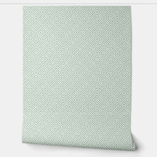 Sage Green and White Greek Key Pattern Wallpaper