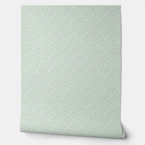Sage Green and White Greek Key Pattern Wallpaper