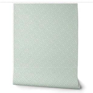 Sage Green and White Greek Key Pattern Wallpaper