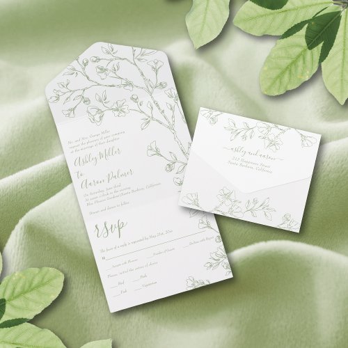 Sage green and white line art flowers wedding  all all in one invitation