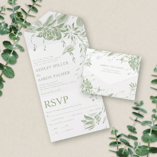 Sage green and white line art flowers wedding all in one invitation