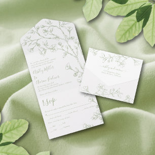 Sage green and white line art flowers wedding all in one invitation