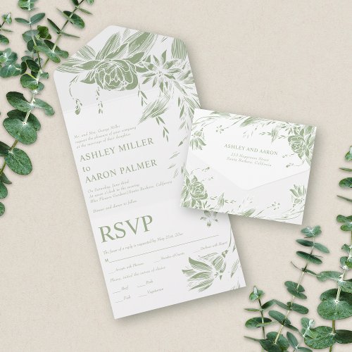 Sage green and white line art flowers wedding  all in one invitation