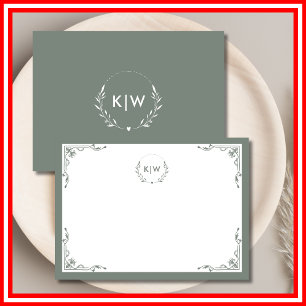 Sage Green and White Modern Initials Monogram Note Card