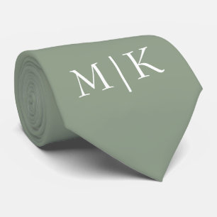 Sage Green and White   Modern Monogram Neck Tie
