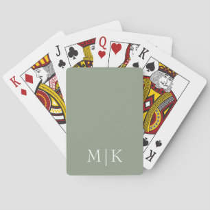 Sage Green and White   Modern Monogram Poker Cards