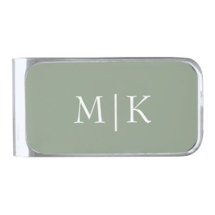Sage Green and White   Modern Monogram Silver Finish Money Clip