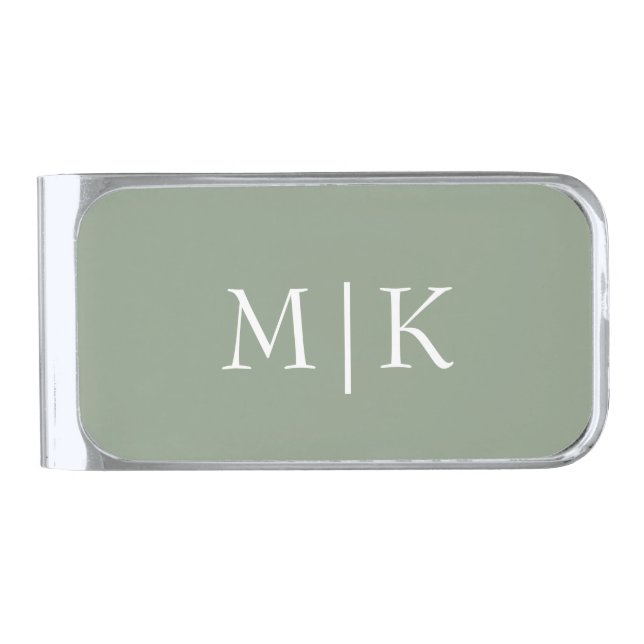 Sage Green and White | Modern Monogram Silver Finish Money Clip (Front)