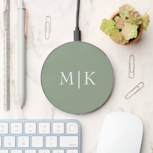 Sage Green and White   Modern Monogram Wireless Charger