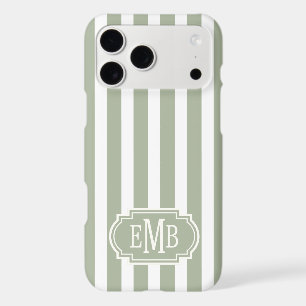 Sage Green and White Monogrammed Stripes iPhone 17 Pro Max Case