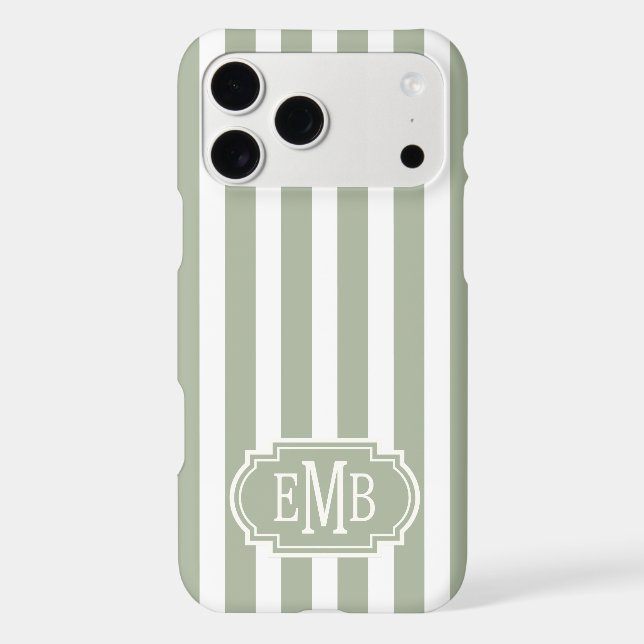 Sage Green and White Monogrammed Stripes Case-Mate iPhone Case (Back)
