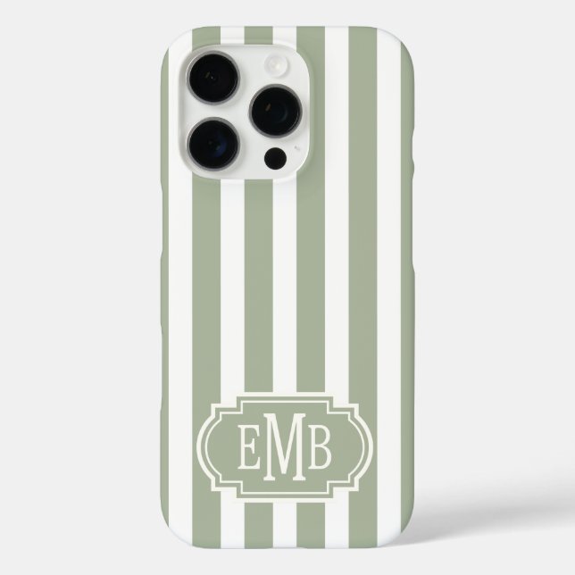 Sage Green and White Monogrammed Stripes Case-Mate iPhone Case (Back)