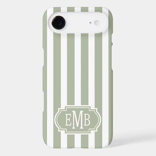 Sage Green and White Monogrammed Stripes Case-Mate iPhone Case (Back)