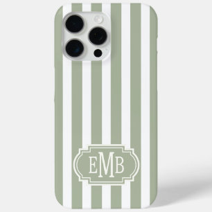 Sage Green and White Monogrammed Stripes iPhone 15 Pro Max Case