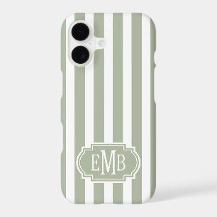 Sage Green and White Monogrammed Stripes iPhone 17 Case