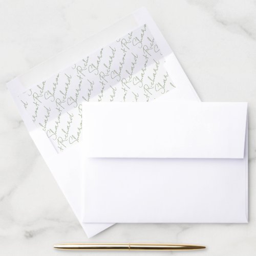 Sage green and white names calligraphy wedding envelope liner