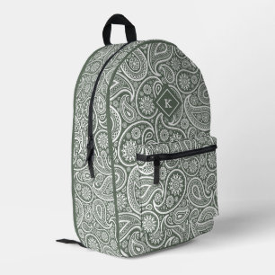 Sage-green and white paisley pattern monogram printed backpack