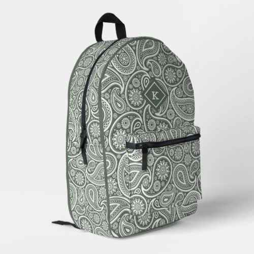 Sage_green and white paisley pattern monogram printed backpack