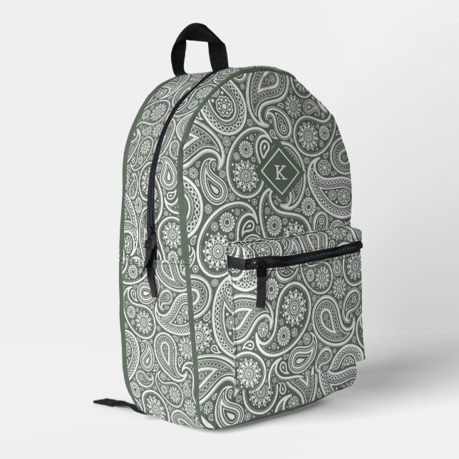 Sage-green and white paisley pattern monogram printed backpack (Back Corner Left)