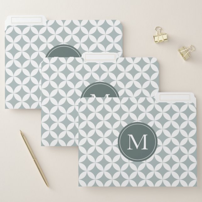 Sage Green and White Pattern with White Monogram File Folder (Set)