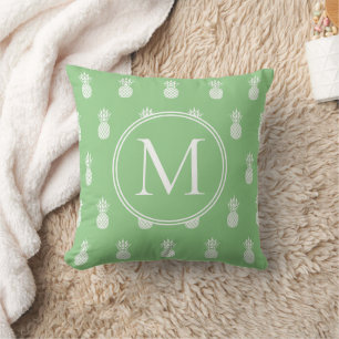 Sage Green and White Pineapples Monogram Throw Pillow