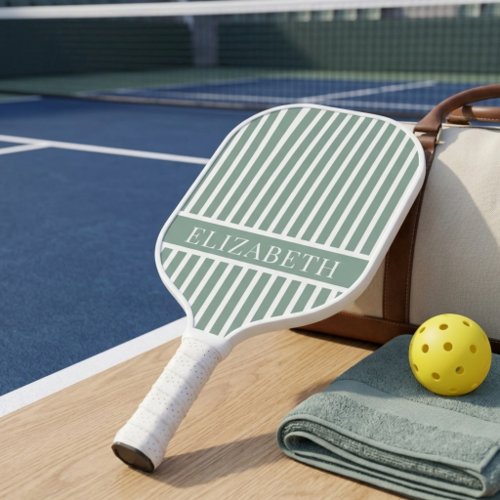 Sage Green and White Pinstripe Custom Name Pickleball Paddle