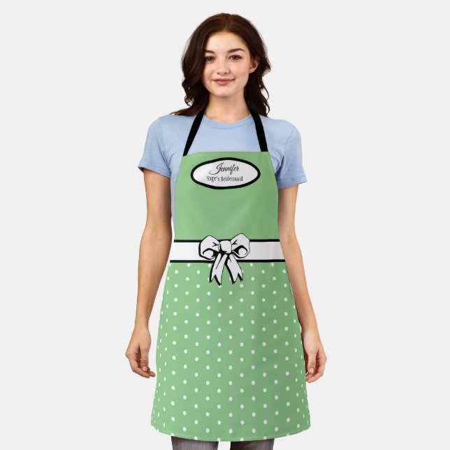 Sage Green and White Polka Dots, Bow Personalized Apron (Worn)