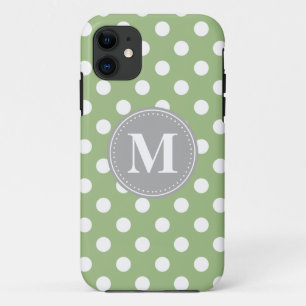 Sage Green and White Polka Dots Grey Monogram iPhone 11 Case