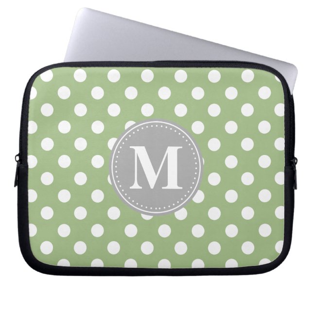 Sage Green and White Polka Dots Grey Monogram Laptop Sleeve (Front)
