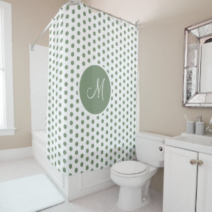 Sage Green and White Polka Dots Monogrammed Shower Curtain