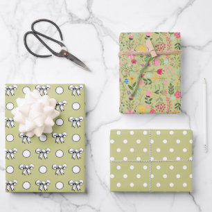 Sage Green and White Polka Dots Wildflowers Wrapping Paper Sheets