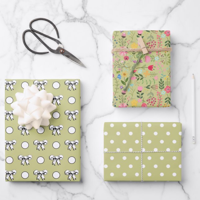 Sage Green and White Polka Dots Wildflowers Wrapping Paper Sheets (Front)