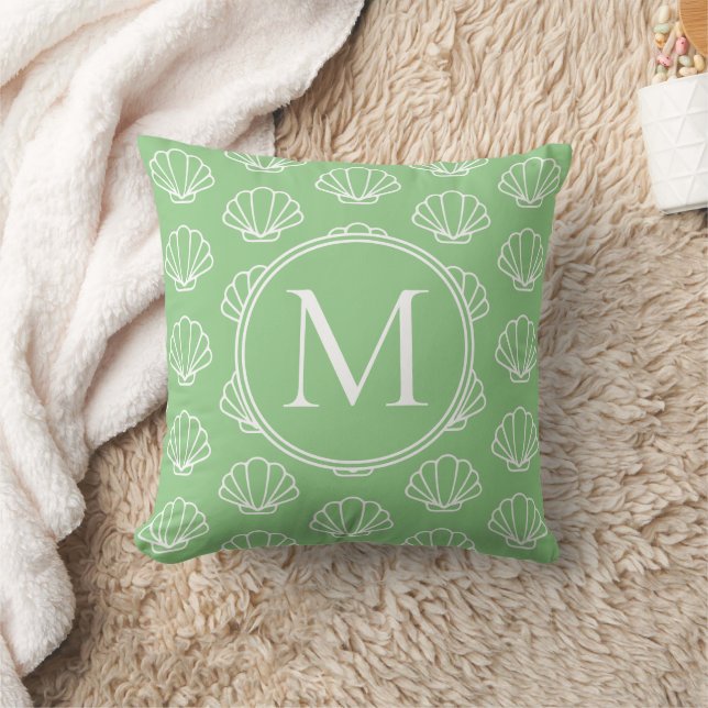 Sage Green and White Scallop Shells Monogram Throw Pillow (Blanket)