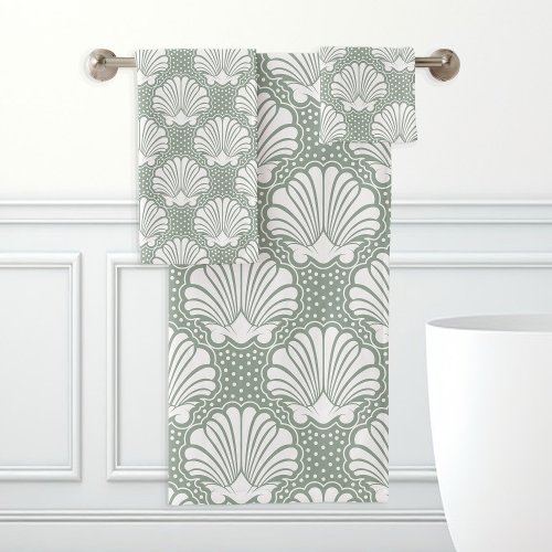 Sage Green And White Seashell Coastal Bath Towel Set