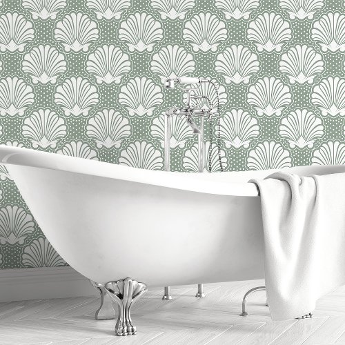 Sage Green And White Seashell Coastal Bathroom Wallpaper