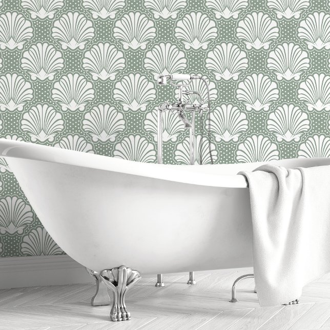 Sage Green and White Seashell Coastal Bathroom Wallpaper (Creator Uploaded)