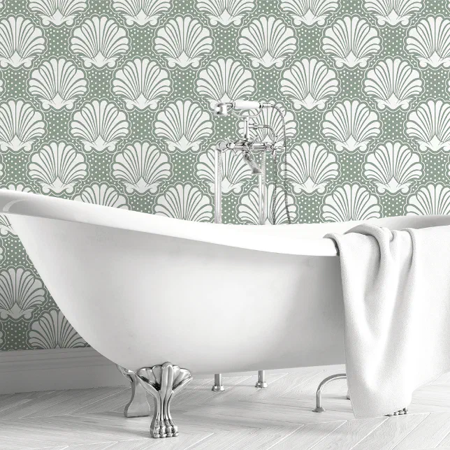 Sage Green and White Seashell Coastal Bathroom Wallpaper