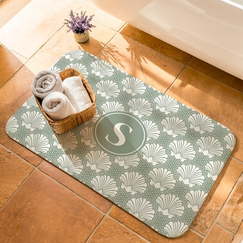 Sage Green And White Seashell Coastal Monogram Bath Mat