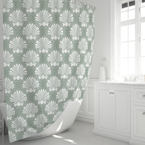 Sage Green And White Seashell Coastal Shower Curtain