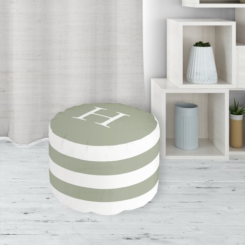 Sage Green and White Stripe Monogram Pouf