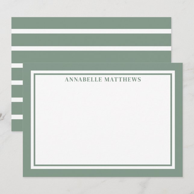 Sage Green And White Striped Monogram Note Card (Front/Back)