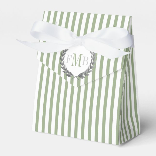 Sage green and white stripes monogram wedding favor boxes (Front Side)