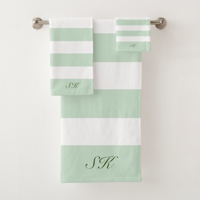 Sage-green and white stripes pattern bath towel set (Insitu)