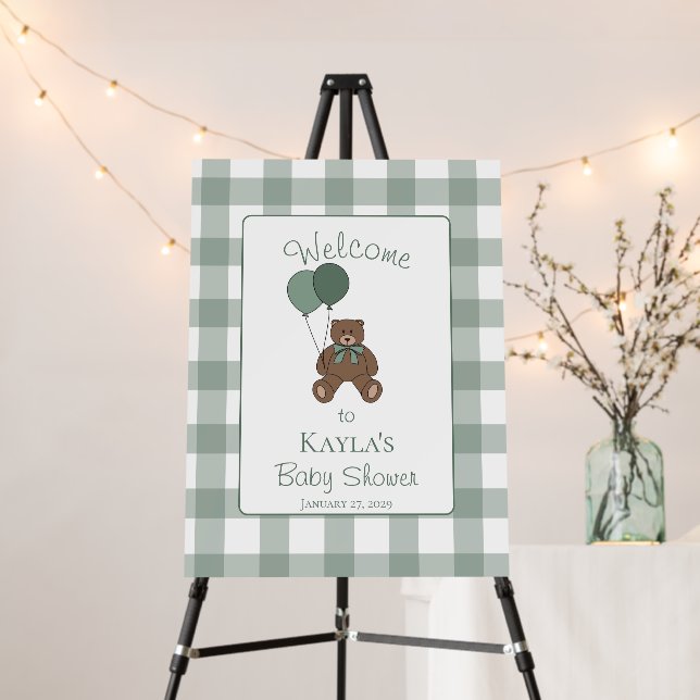 Sage Green and White Teddy Bear Welcome Sign (In Situ (Stand))