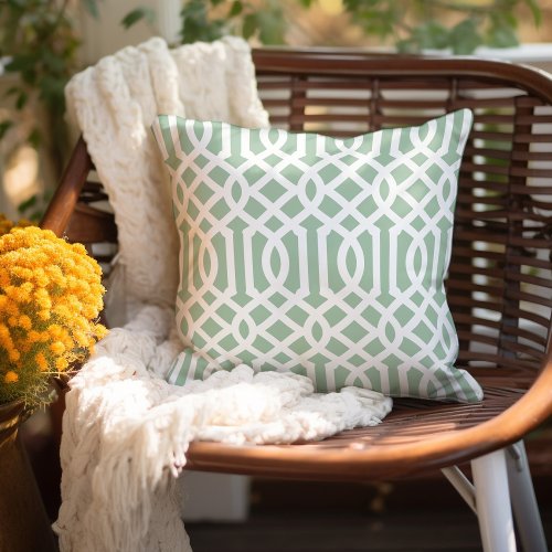 Sage Green and White Trellis Pattern Outdoor Pillow