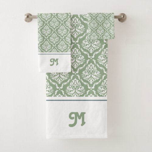 Sage green and white vintage damasks monogram bath towel set