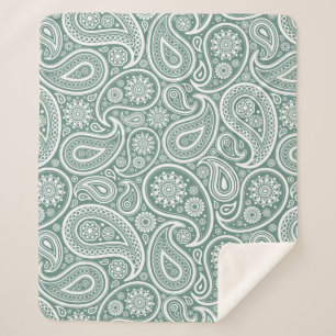 Sage green and white vintage paisley pattern sherpa blanket