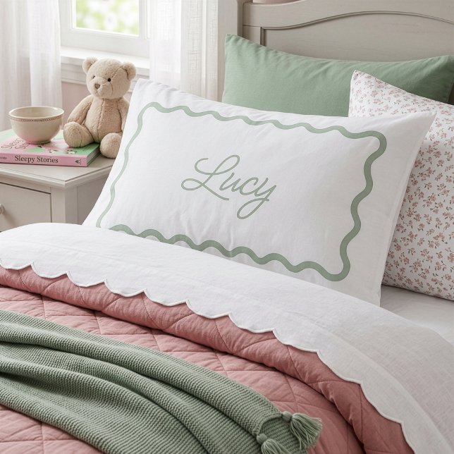 Sage Green and White Wavy Scallop Frame Monogram Pillow Case (Creator Uploaded)